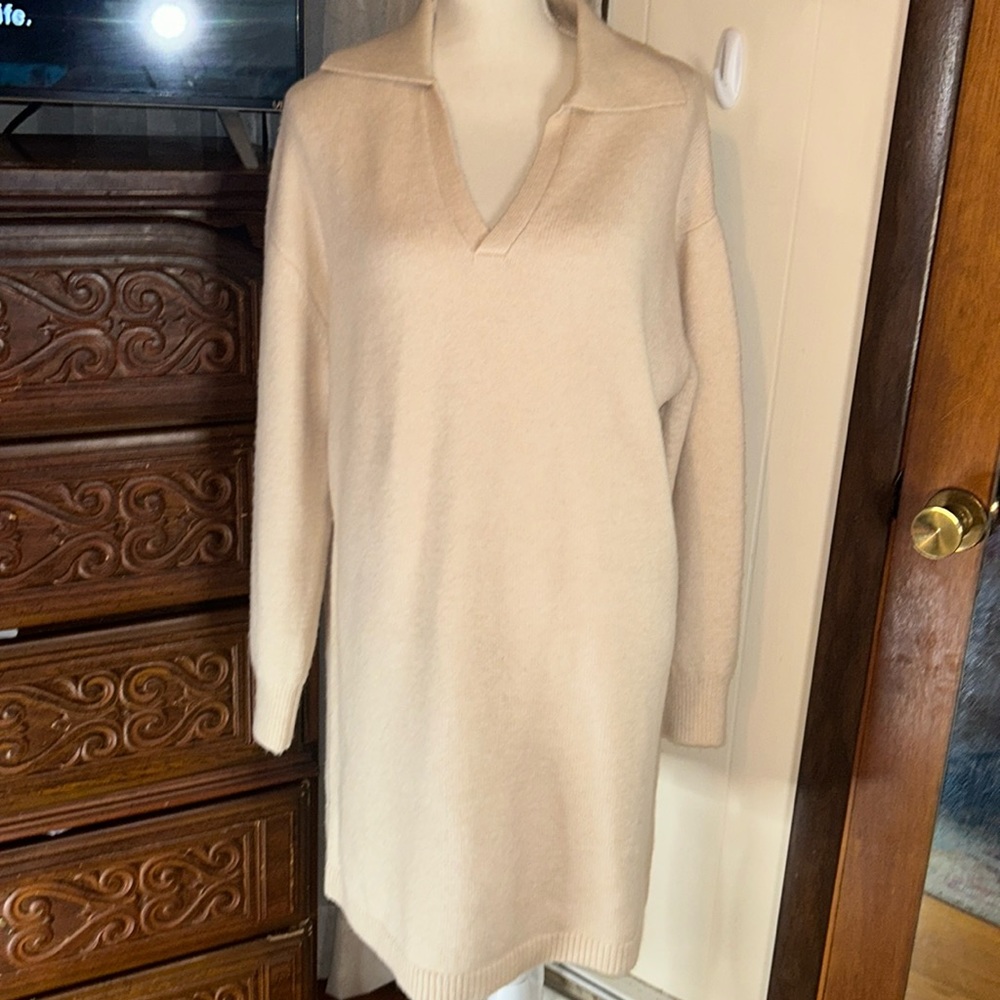 Zara Cream, Collared long sweater, size Large. Looks great with a belt.
